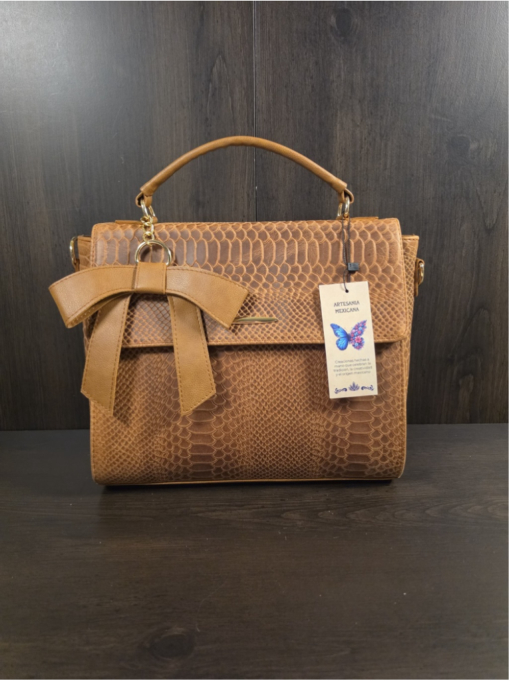Bow Cognac Brown Snake Skin Embossed Tooled Artisan Cowhide LEATHER Bag Purse - Picture 4 of 16